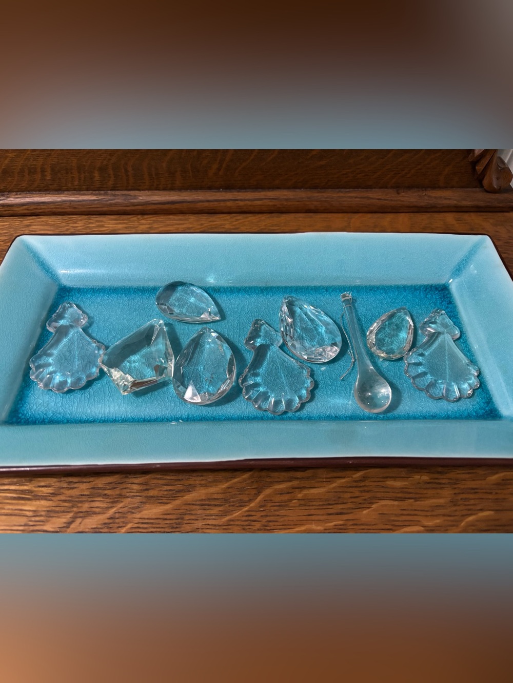 9 Antique Crystal Prisms & Turquoise Crackled Glazed Ceramic Tray